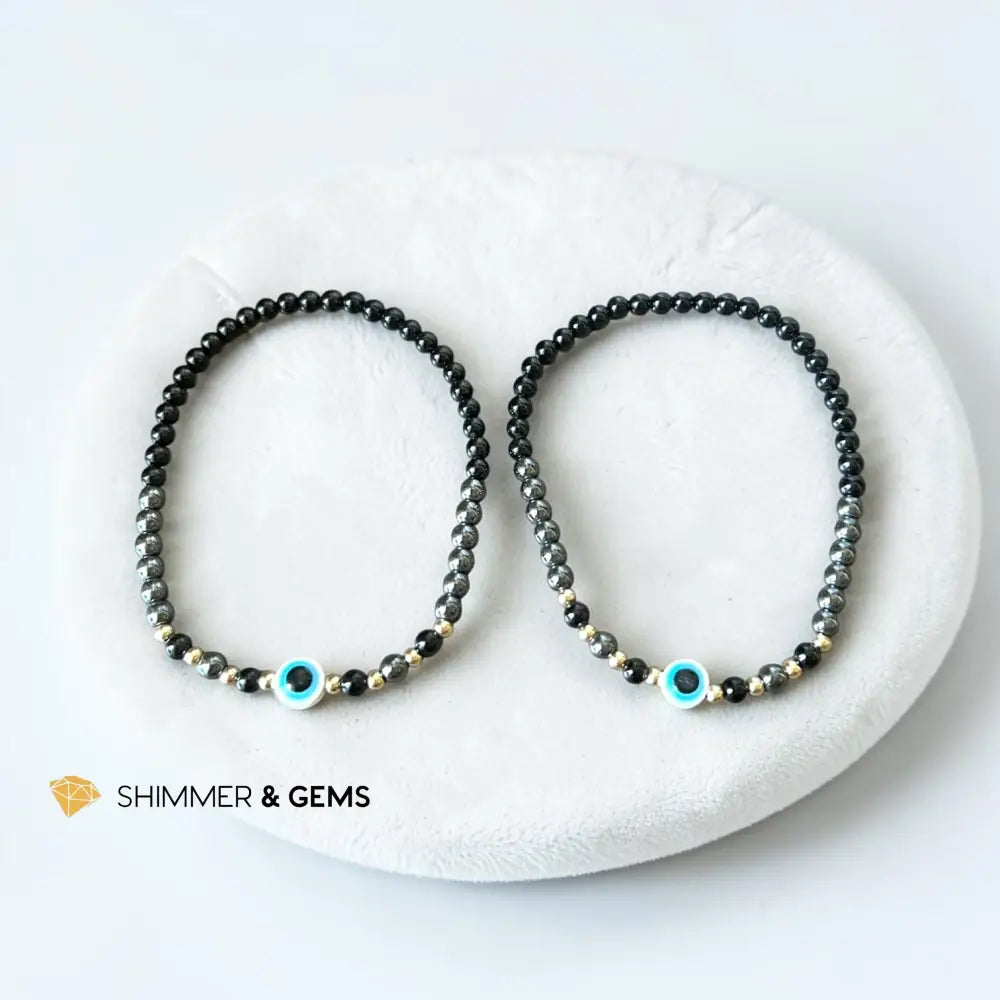 PROTECTION 4mm (Black Tourmaline Hematite Evil Eye) Bracelet