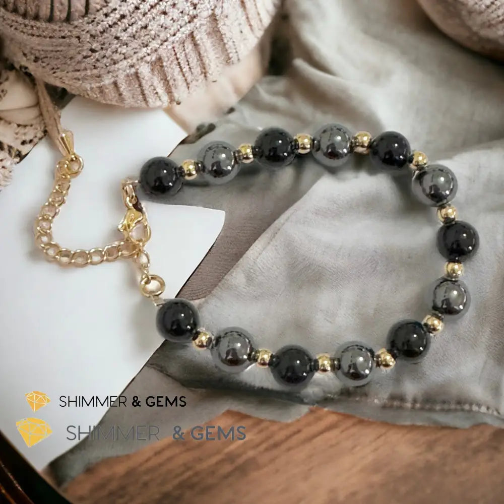 Protection & Grounding 8mm Bracelet (Hematite & Onyx) with stainless steel beads and chain Adjustable Size (5.5”-7”)