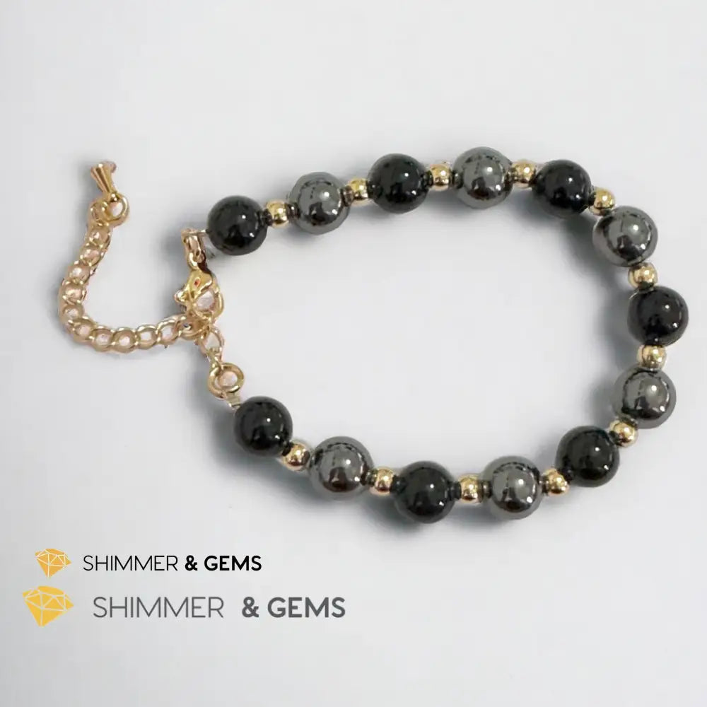 Protection & Grounding 8mm Bracelet (Hematite & Onyx) with stainless steel beads and chain Adjustable Size (5.5”-7”)