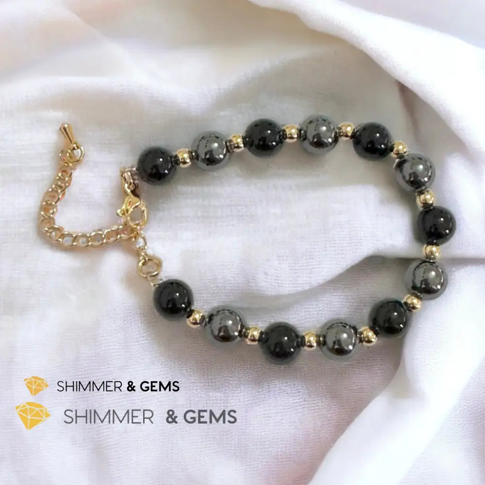 Protection & Grounding 8mm Bracelet (Hematite & Onyx) with stainless steel beads and chain Adjustable Size (5.5”-7”)