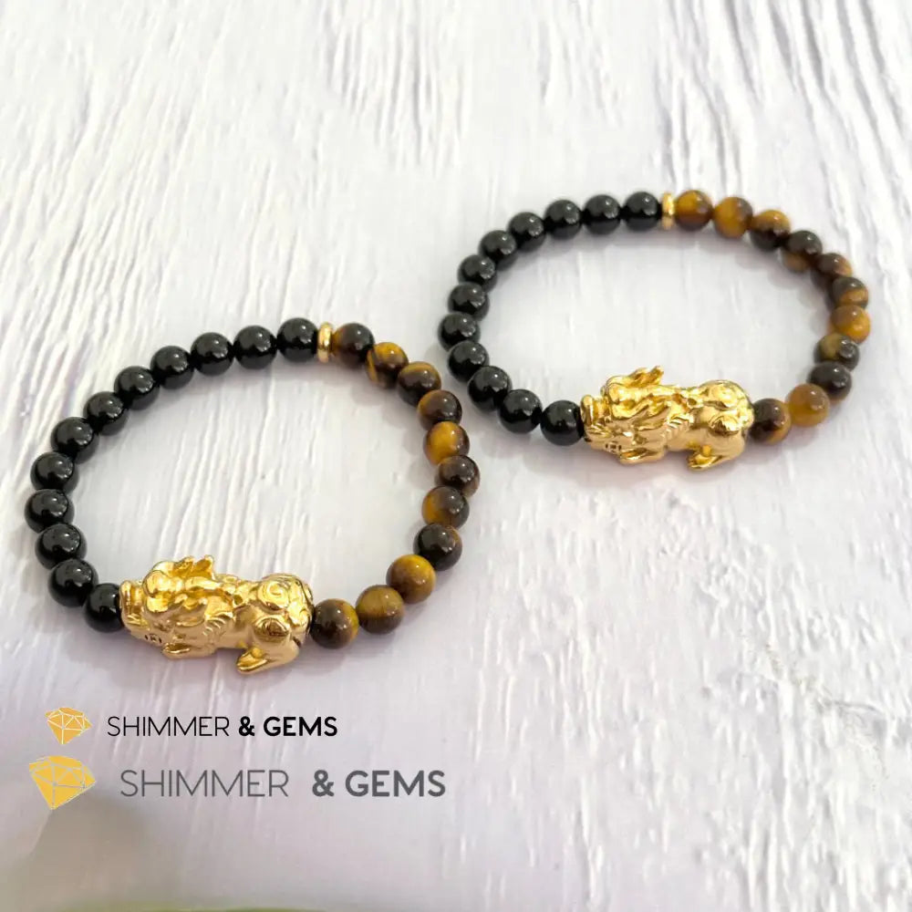 Protection Pixiu Bracelet (Stainless Steel) Black Tourmaline and Tiger’s Eye 6mm