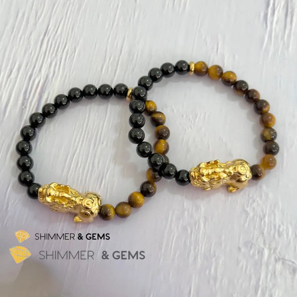 Protection Pixiu Bracelet (Stainless Steel) Black Tourmaline and Tiger’s Eye 6mm