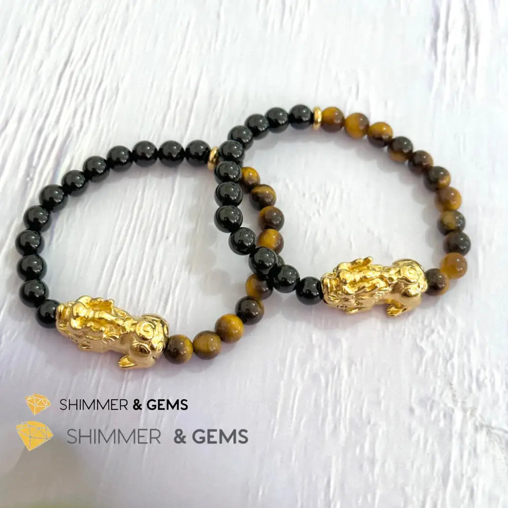 Protection Pixiu Bracelet (Stainless Steel) Black Tourmaline and Tiger’s Eye 6mm