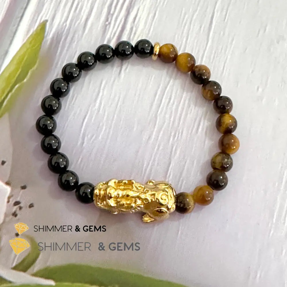 Protection Pixiu Bracelet (Stainless Steel) Black Tourmaline and Tiger’s Eye 6mm
