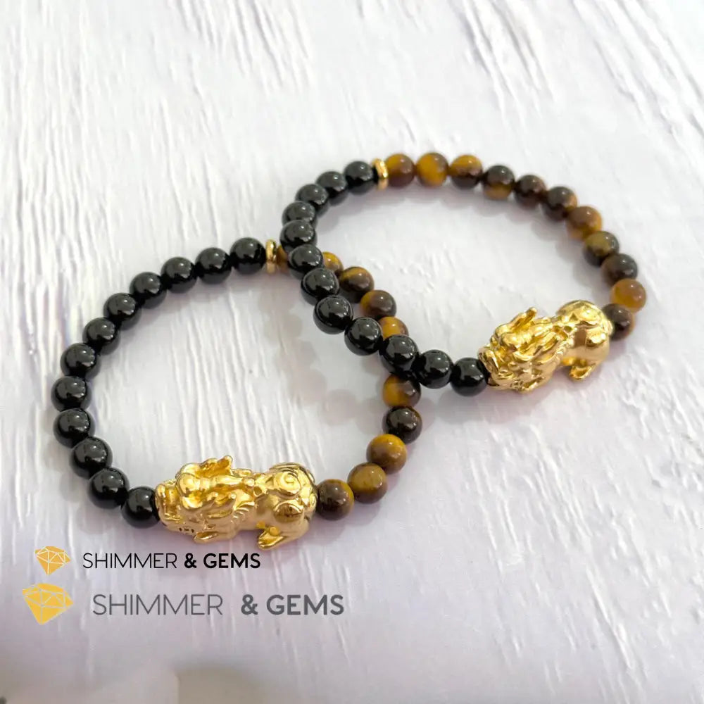 Protection Pixiu Bracelet (Stainless Steel) Black Tourmaline and Tiger’s Eye 6mm