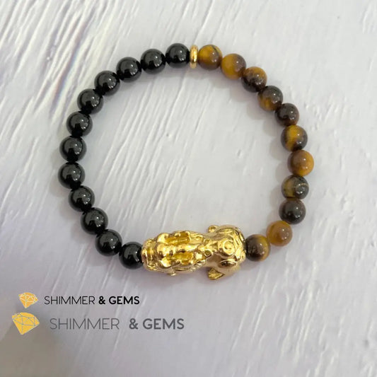 Protection Pixiu Bracelet (Stainless Steel) Black Tourmaline and Tiger’s Eye 6mm 5.5”