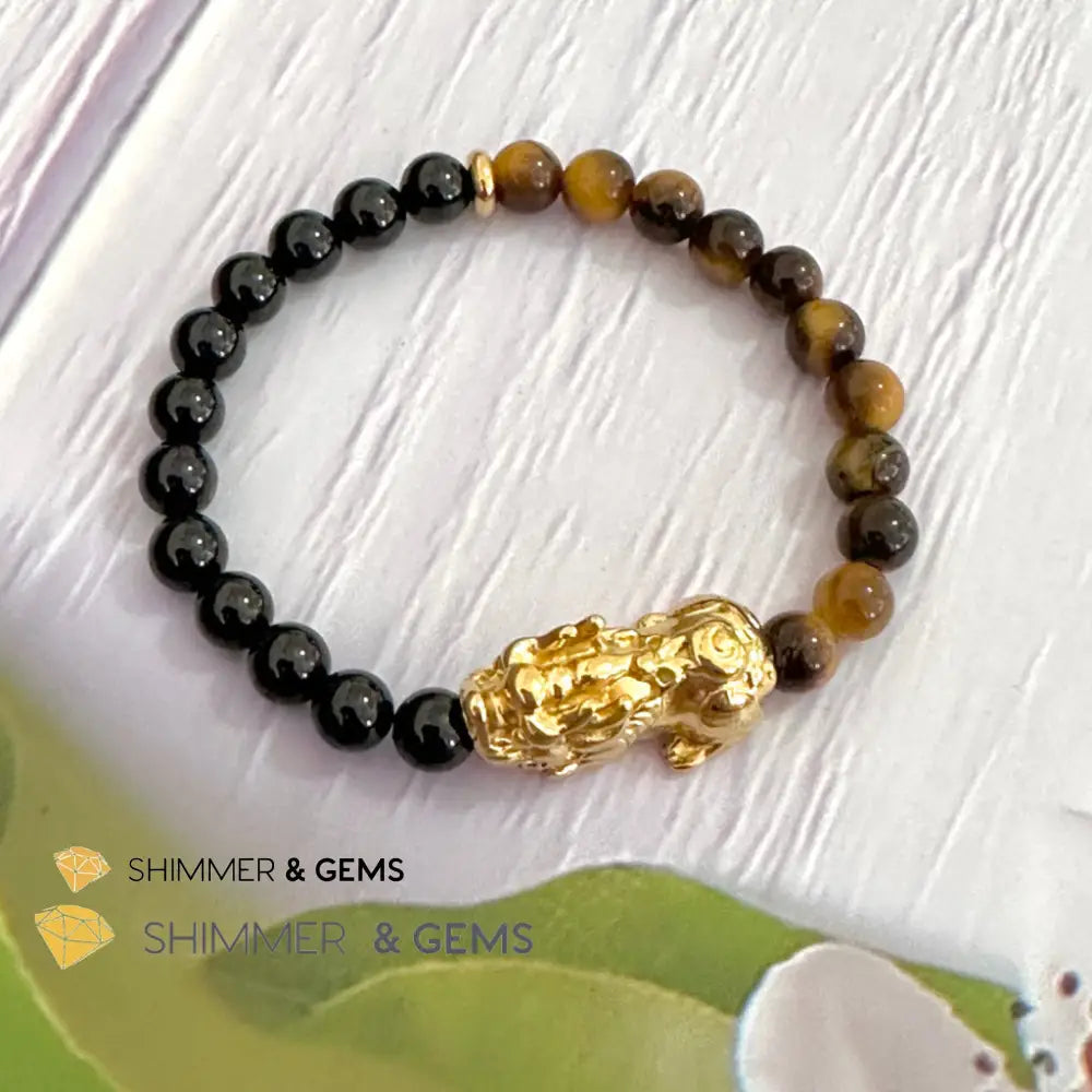Protection Pixiu Bracelet (Stainless Steel) Black Tourmaline and Tiger’s Eye 6mm
