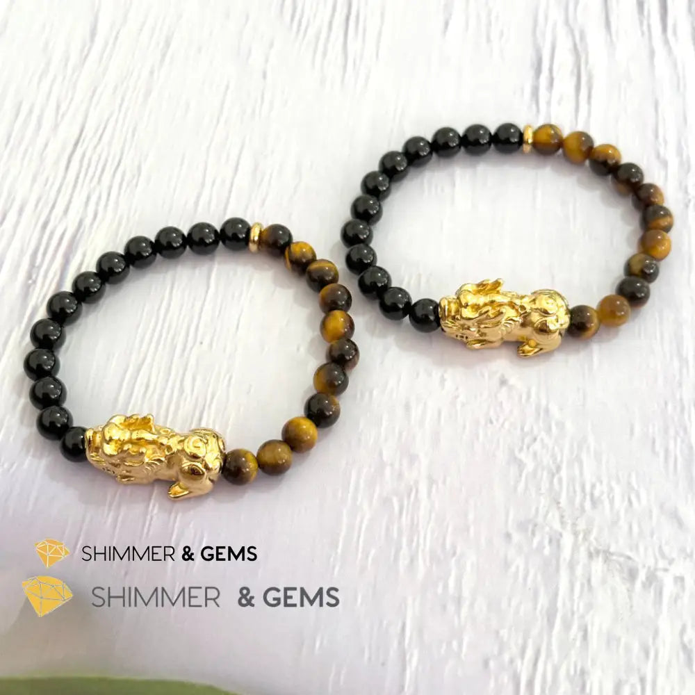 Protection Pixiu Bracelet (Stainless Steel) Black Tourmaline and Tiger’s Eye 6mm