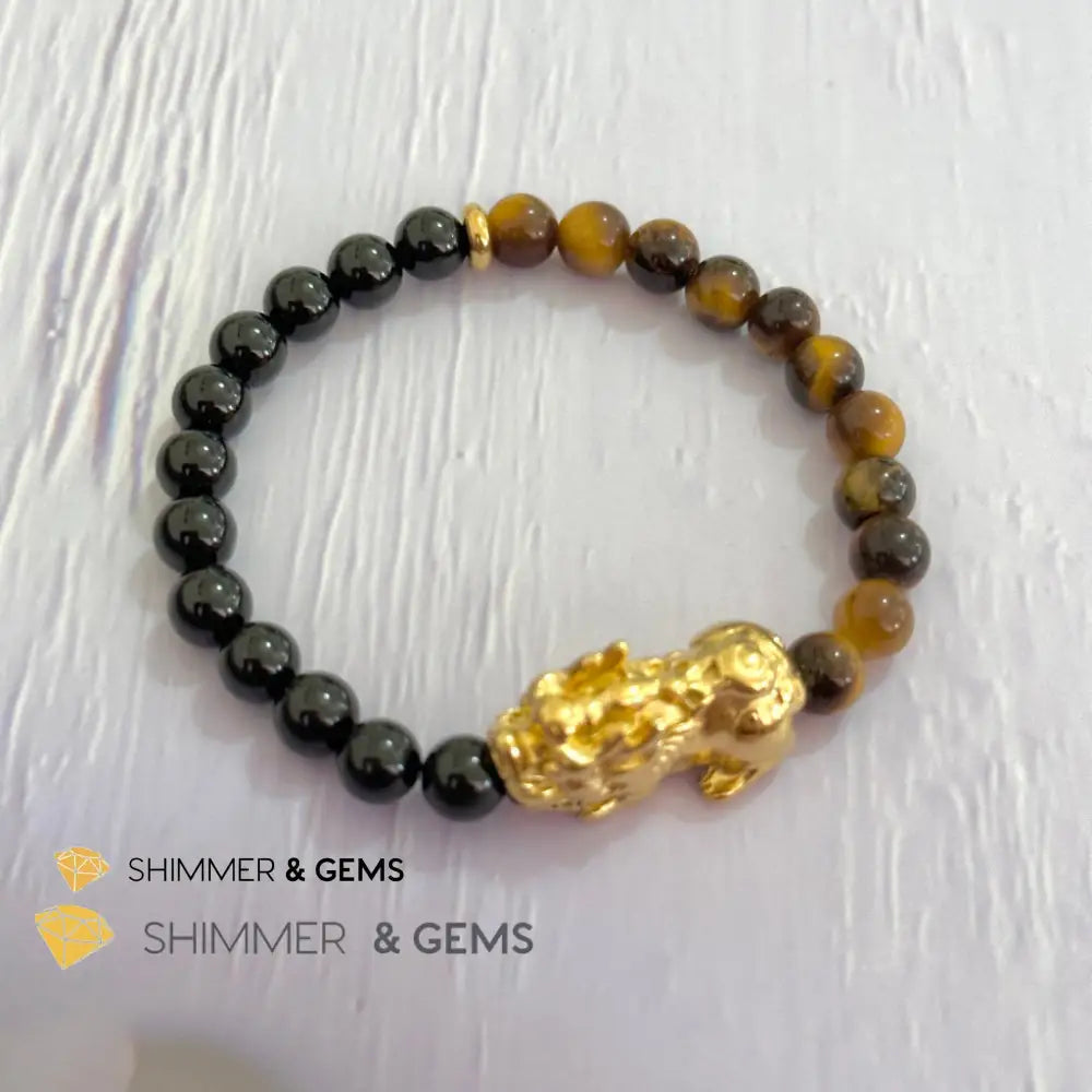 Protection Pixiu Bracelet (Stainless Steel) Black Tourmaline and Tiger’s Eye 6mm