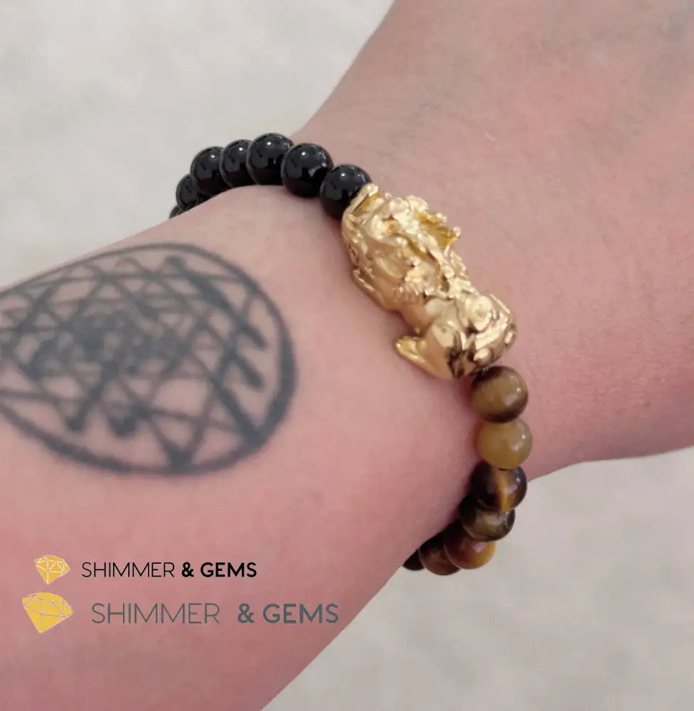 Protection Pixiu Bracelet (Stainless Steel) Black Tourmaline and Tiger’s Eye 6mm