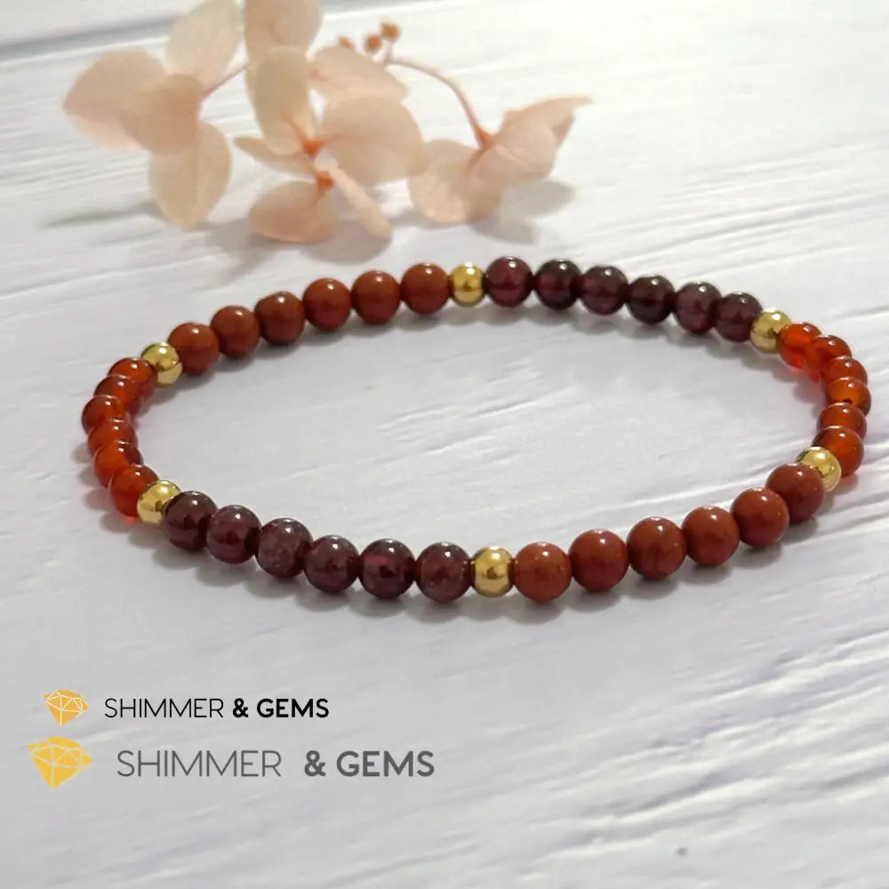Root Chakra Stability Remedy Bracelet 4mm with stainless steel beads (Red Agate Jasper & Garnet)