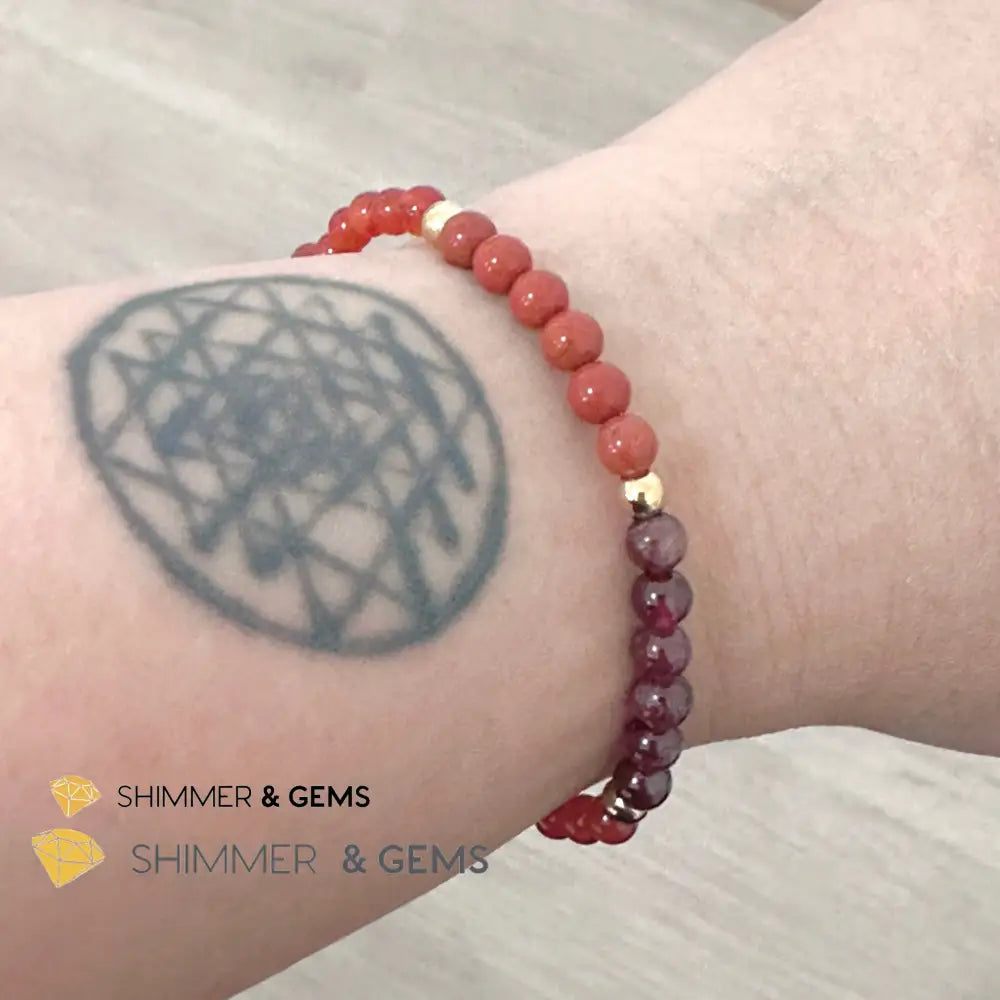 Root Chakra Stability Remedy Bracelet 4mm with stainless steel beads (Red Agate Jasper & Garnet)