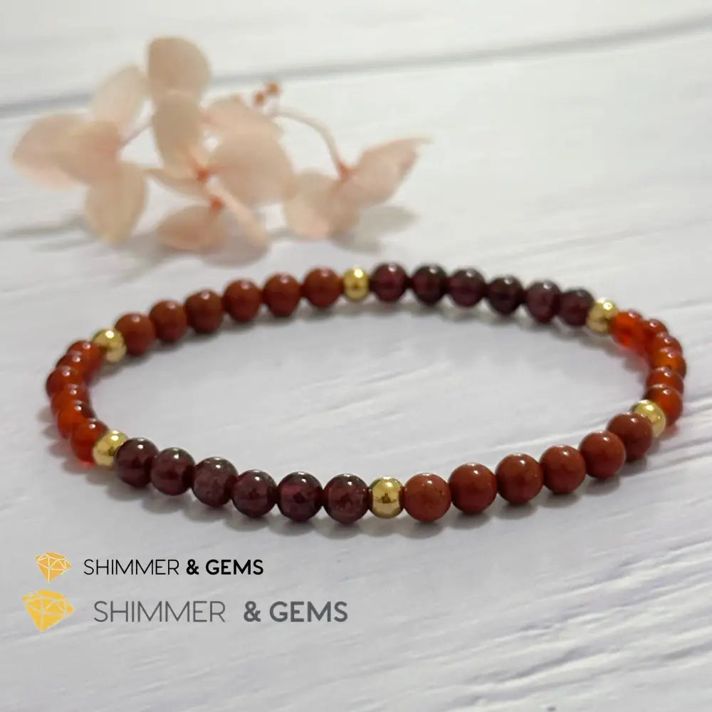 Root Chakra Stability Remedy Bracelet 4mm with stainless steel beads (Red Agate Jasper & Garnet)