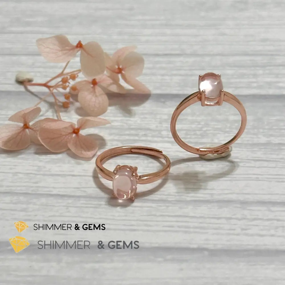 Rose Quartz Oval 925 Silver Ring Rose Gold Plated (Adjustable Size) 6x8mm Oval Ring 925 Silver (Rose Gold) Adjustable