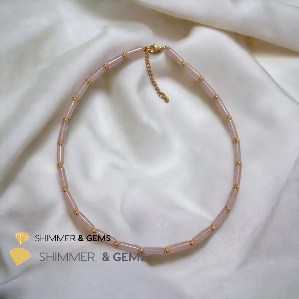 Rose Quartz Tube Necklace with 14k gold plated stainless steel beads and clasp Adjustable Size Necklaces