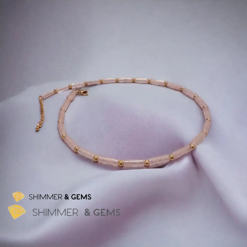 Rose Quartz Tube Necklace with 14k gold plated stainless steel beads and clasp Adjustable Size Necklaces