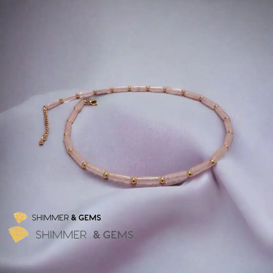 Rose Quartz Tube Necklace with 14k gold plated stainless steel beads and clasp Adjustable Size Necklaces