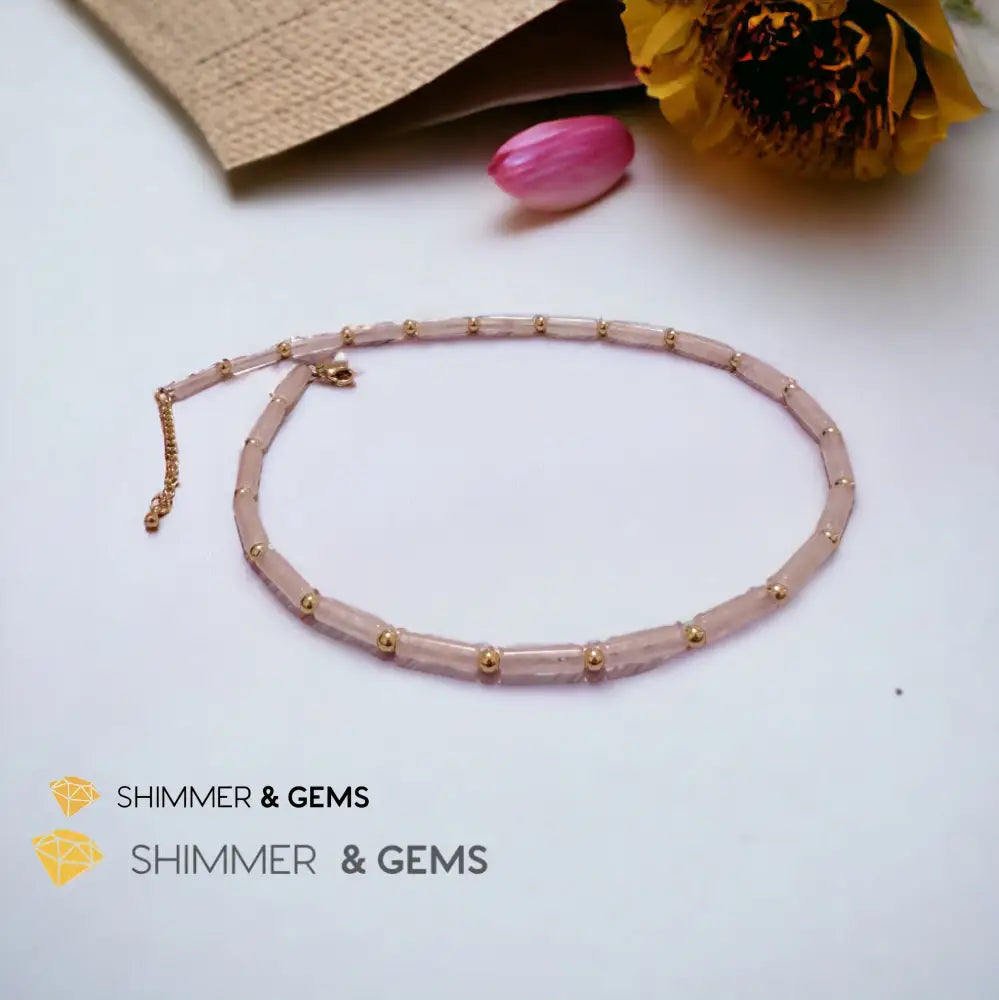 Rose Quartz Tube Necklace with 14k gold plated stainless steel beads and clasp Adjustable Size Necklaces