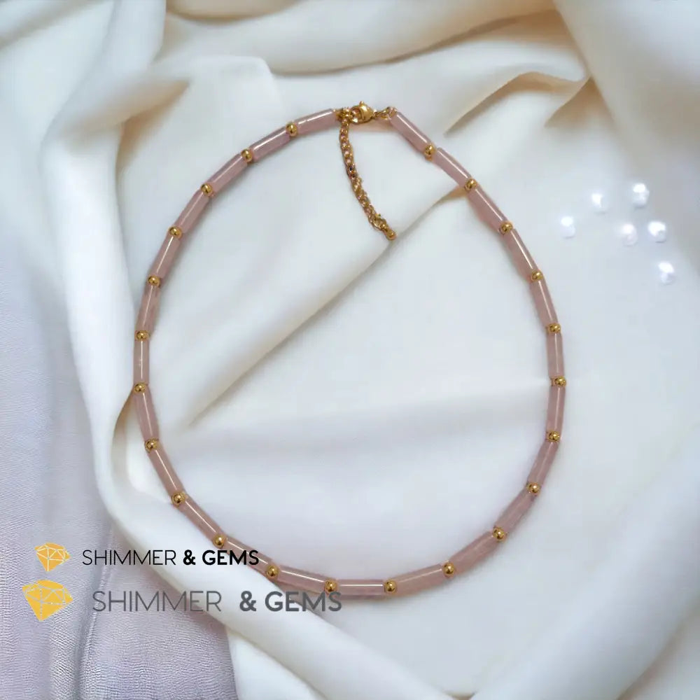 Rose Quartz Tube Necklace with 14k gold plated stainless steel beads and clasp Adjustable Size Necklaces
