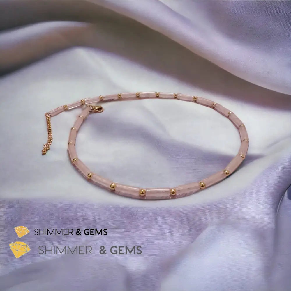 Rose Quartz Tube Necklace with 14k gold plated stainless steel beads and clasp Adjustable Size Necklaces