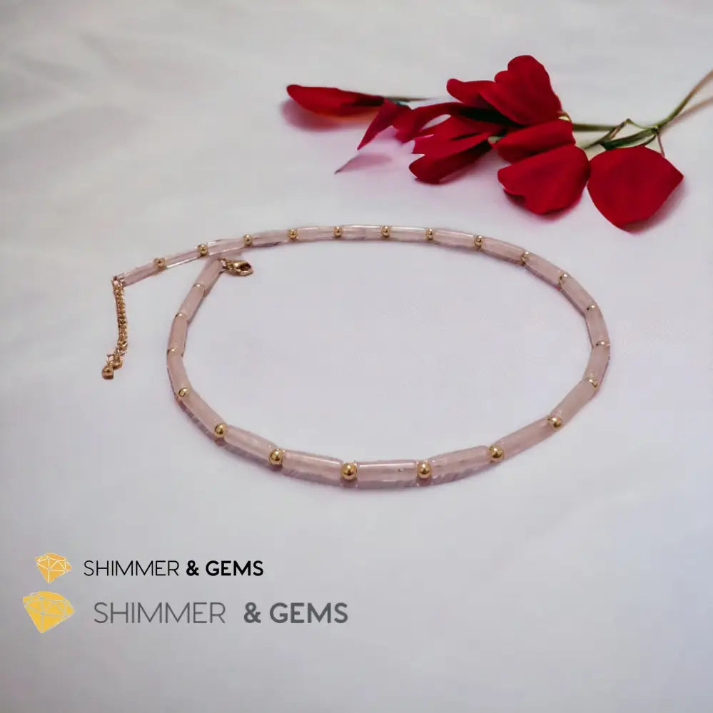 Rose Quartz Tube Necklace with 14k gold plated stainless steel beads and clasp Adjustable Size Necklaces