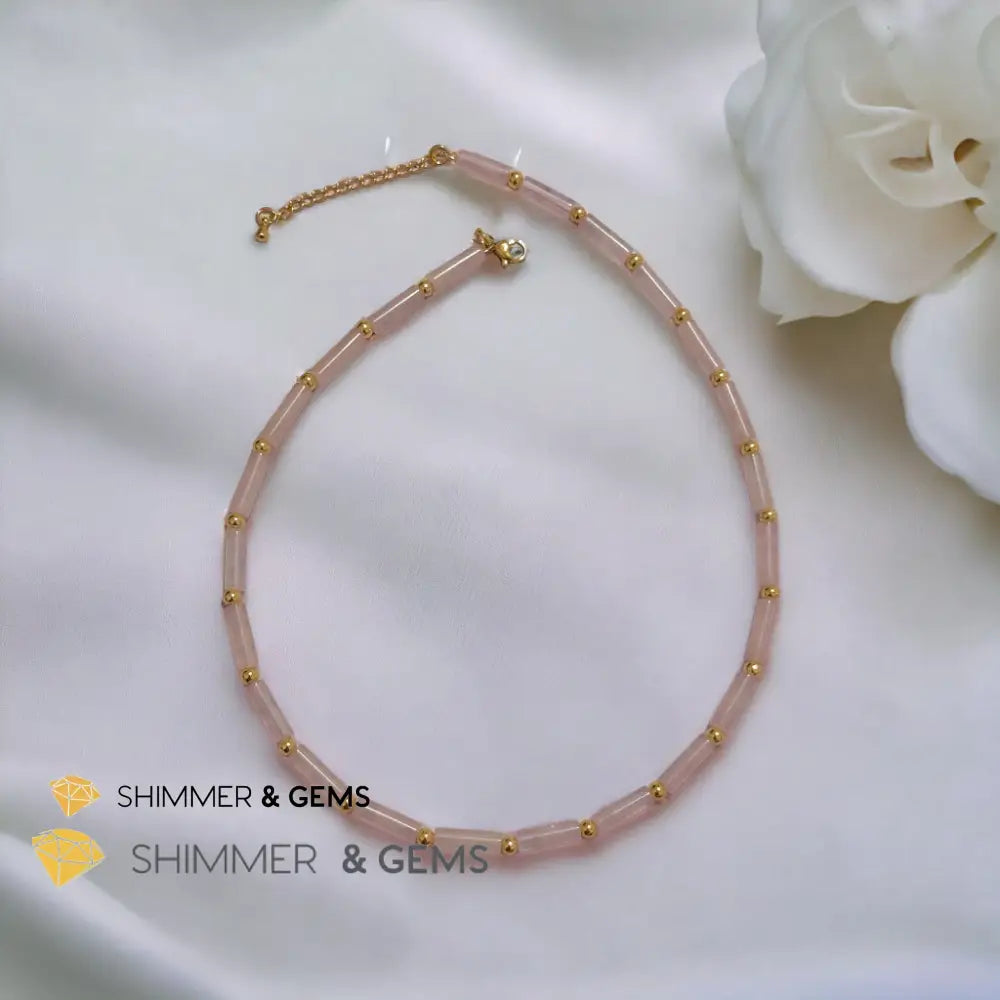 Rose Quartz Tube Necklace with 14k gold plated stainless steel beads and clasp Adjustable Size Necklaces