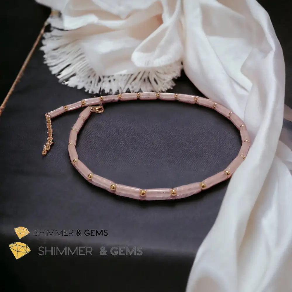 Rose Quartz Tube Necklace with 14k gold plated stainless steel beads and clasp Adjustable Size Necklaces