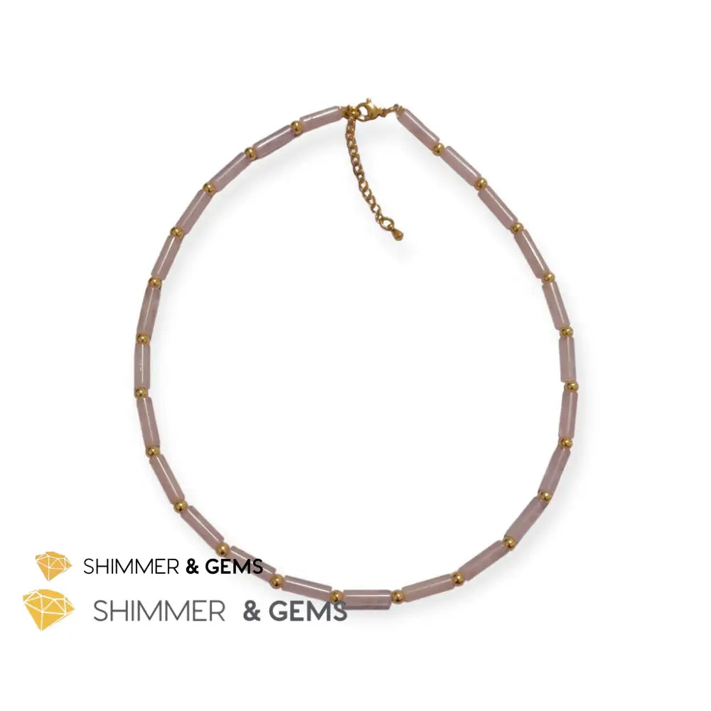 Rose Quartz Tube Necklace with 14k gold plated stainless steel beads and clasp Adjustable Size Necklaces