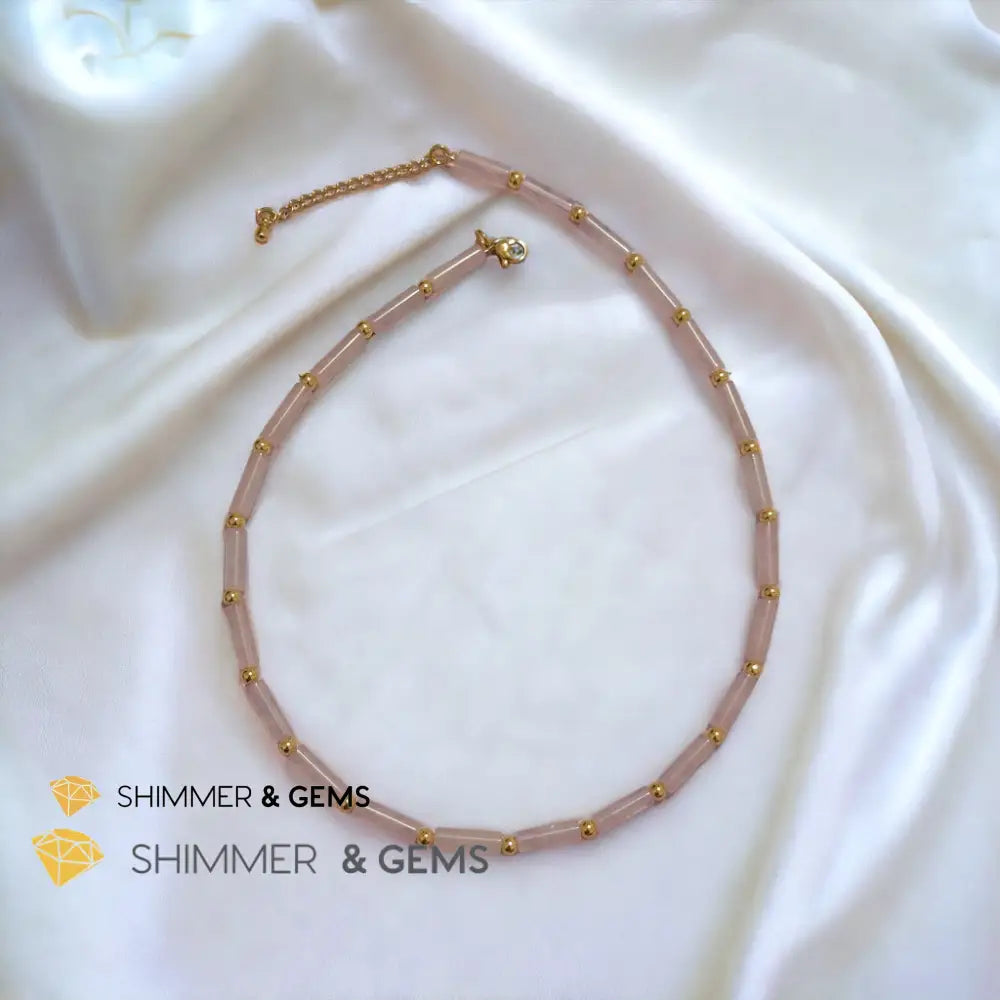 Rose Quartz Tube Necklace with 14k gold plated stainless steel beads and clasp Adjustable Size Necklaces