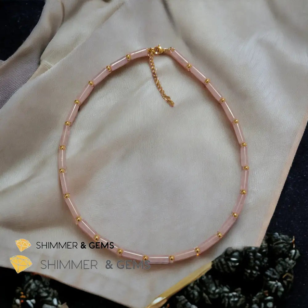 Rose Quartz Tube Necklace with 14k gold plated stainless steel beads and clasp Adjustable Size Necklaces