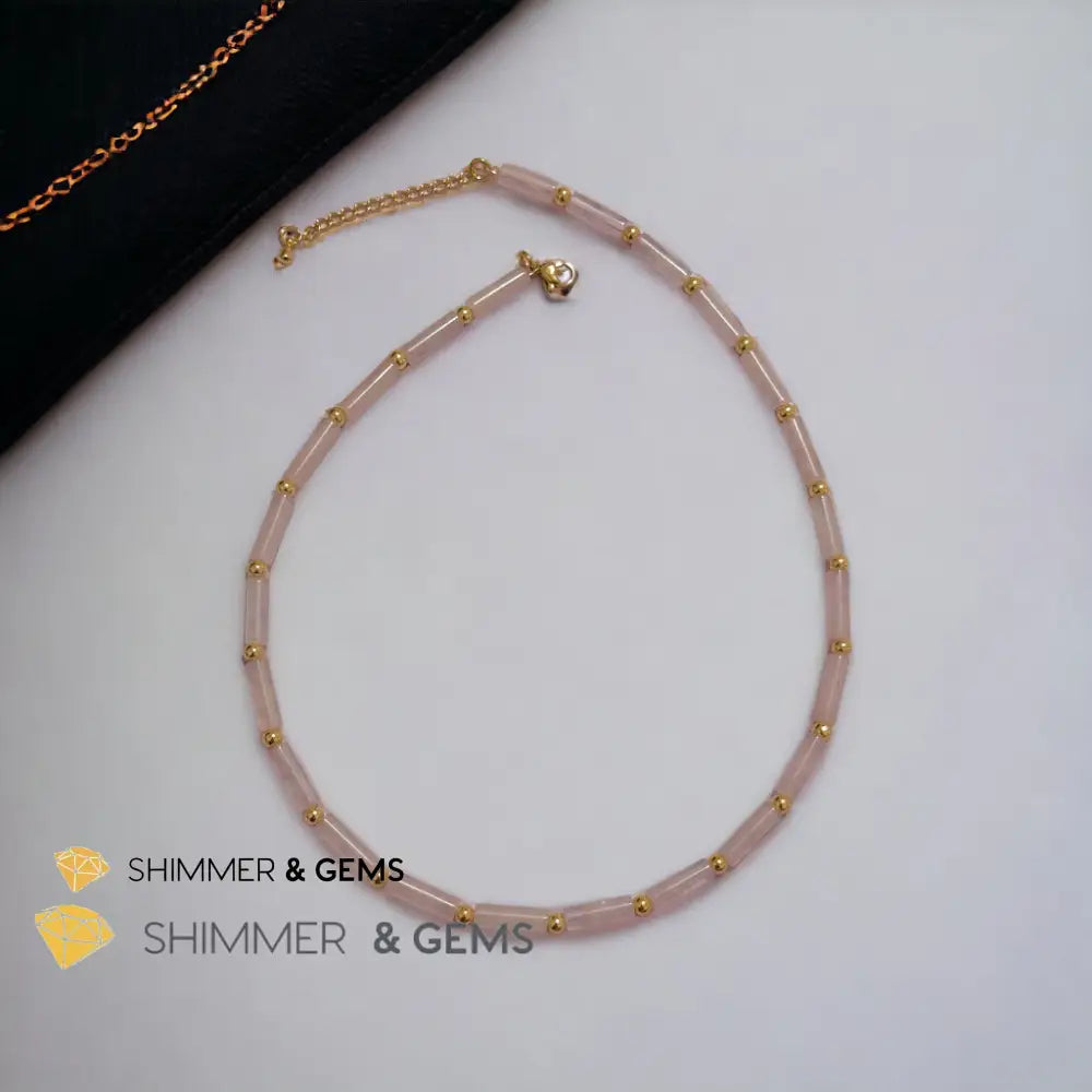 Rose Quartz Tube Necklace with 14k gold plated stainless steel beads and clasp Adjustable Size Necklaces