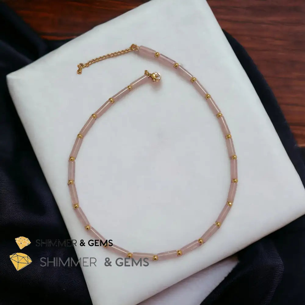 Rose Quartz Tube Necklace with 14k gold plated stainless steel beads and clasp Adjustable Size Necklaces