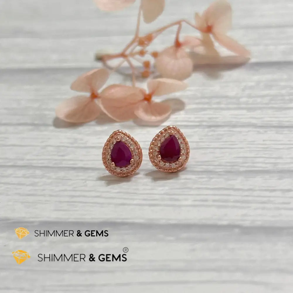 Ruby with Zirconia Pear 925 Silver Earrings (Rose Gold) Pear earrings Earrings