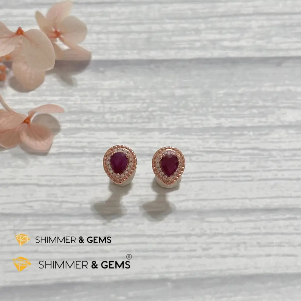 Ruby with Zirconia Pear 925 Silver Earrings (Rose Gold) Pear earrings Earrings