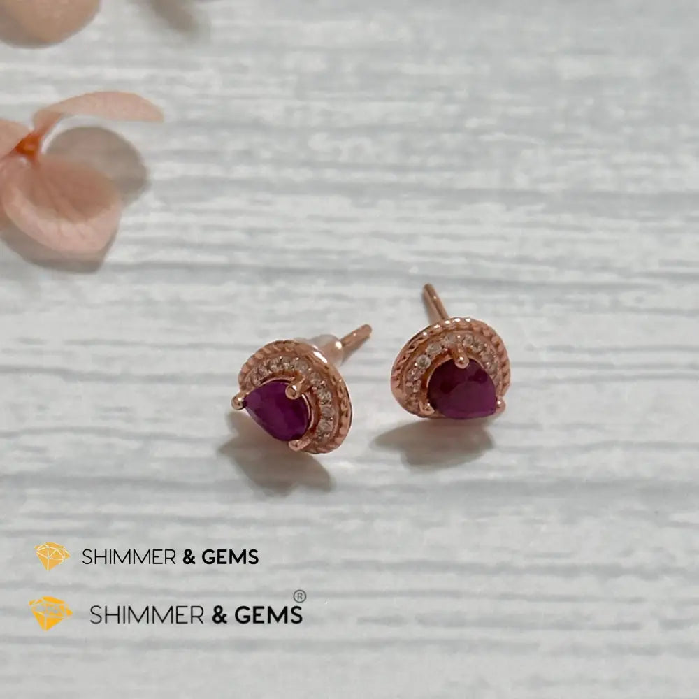 Ruby with Zirconia Pear 925 Silver Earrings (Rose Gold) Pear earrings Earrings