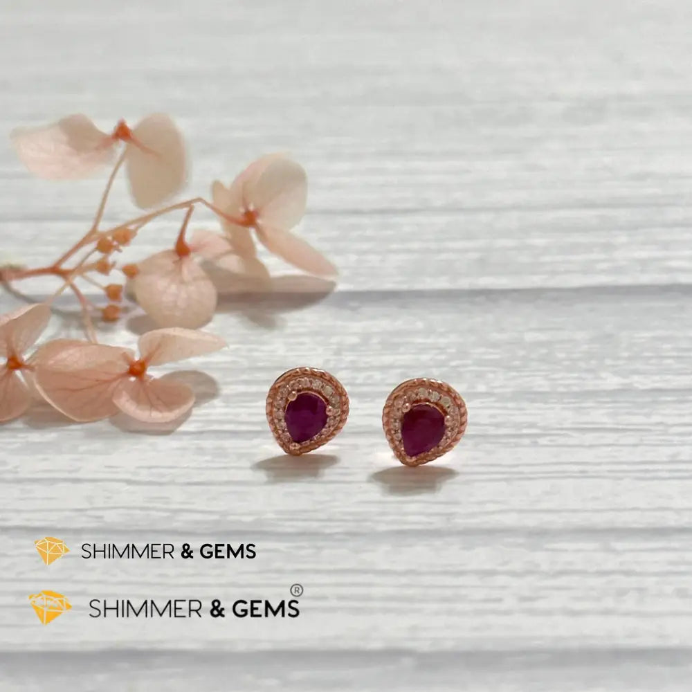 Ruby with Zirconia Pear 925 Silver Earrings (Rose Gold) Pear earrings Earrings