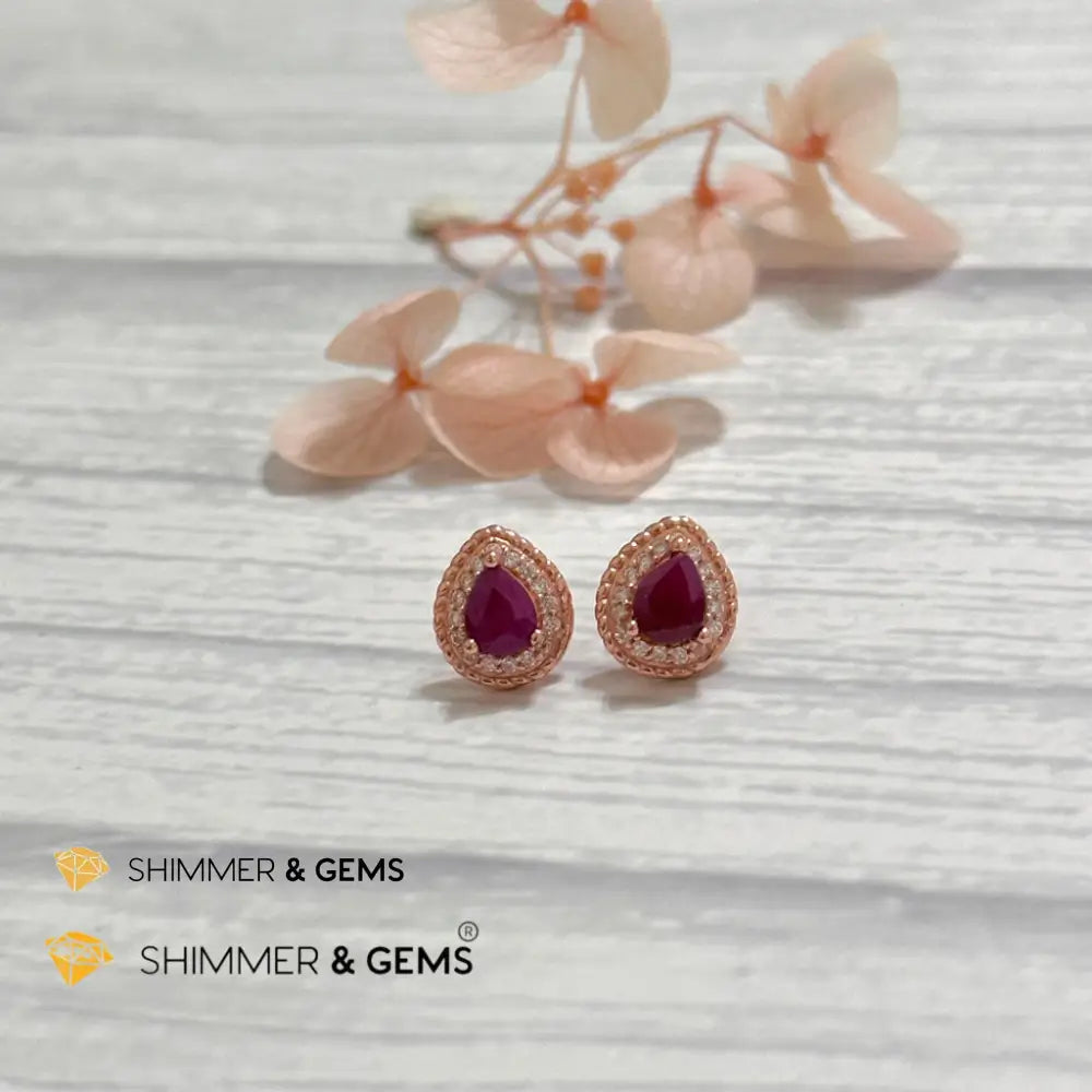 Ruby with Zirconia Pear 925 Silver Earrings (Rose Gold) Pear earrings Earrings