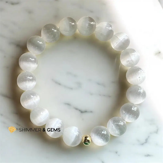 Selenite Bracelet 10mm with 14k gold filled bead 5.5” Bracelets
