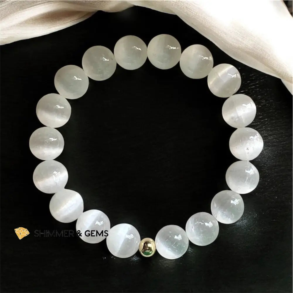 Selenite Bracelet 10mm with 14k gold filled bead 6” Bracelets