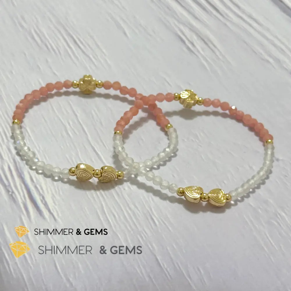 Self Love Lucky Bracelet (Moonstone & Rhodochrosite 4mm Faceted with 14k Gold Plated Ingot & Clover Charms)