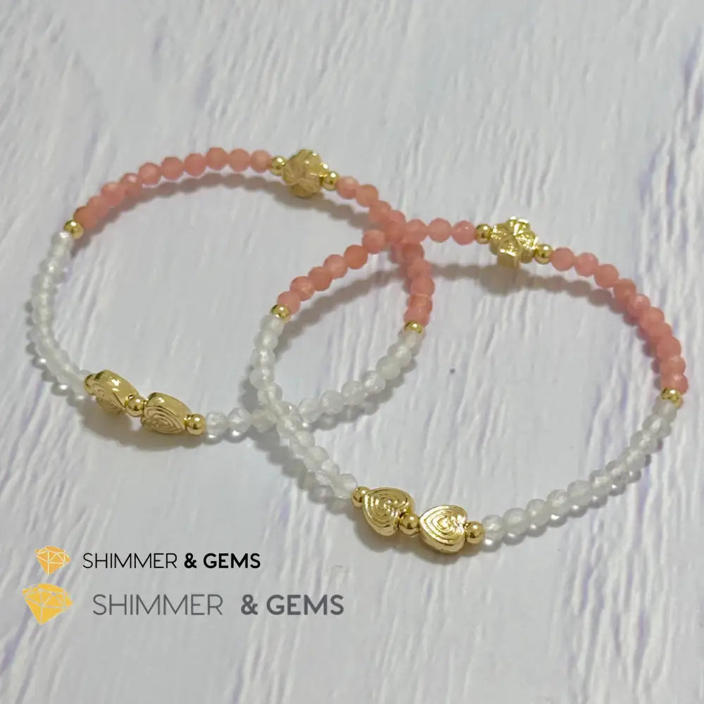 Self Love Lucky Bracelet (Moonstone & Rhodochrosite 4mm Faceted with 14k Gold Plated Ingot & Clover Charms)