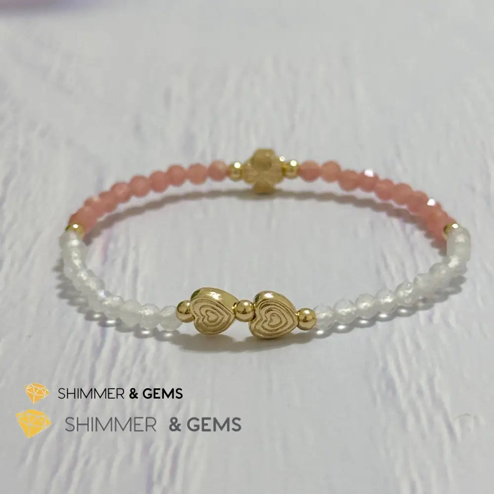 Self Love Lucky Bracelet (Moonstone & Rhodochrosite 4mm Faceted with 14k Gold Plated Ingot & Clover Charms)