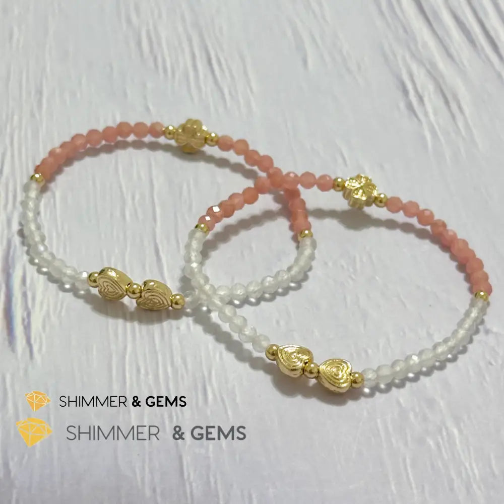 Self Love Lucky Bracelet (Moonstone & Rhodochrosite 4mm Faceted with 14k Gold Plated Ingot & Clover Charms)