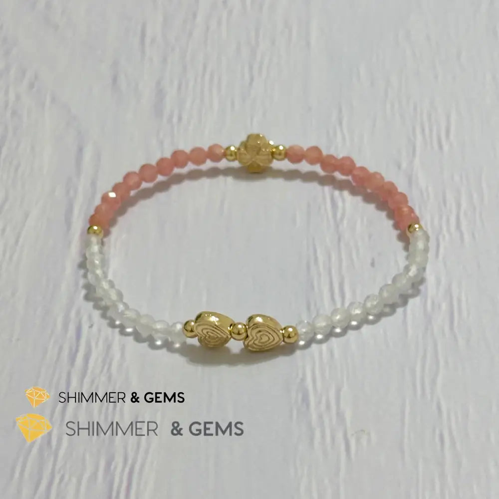 Self Love Lucky Bracelet (Moonstone & Rhodochrosite 4mm Faceted with 14k Gold Plated Ingot & Clover Charms)
