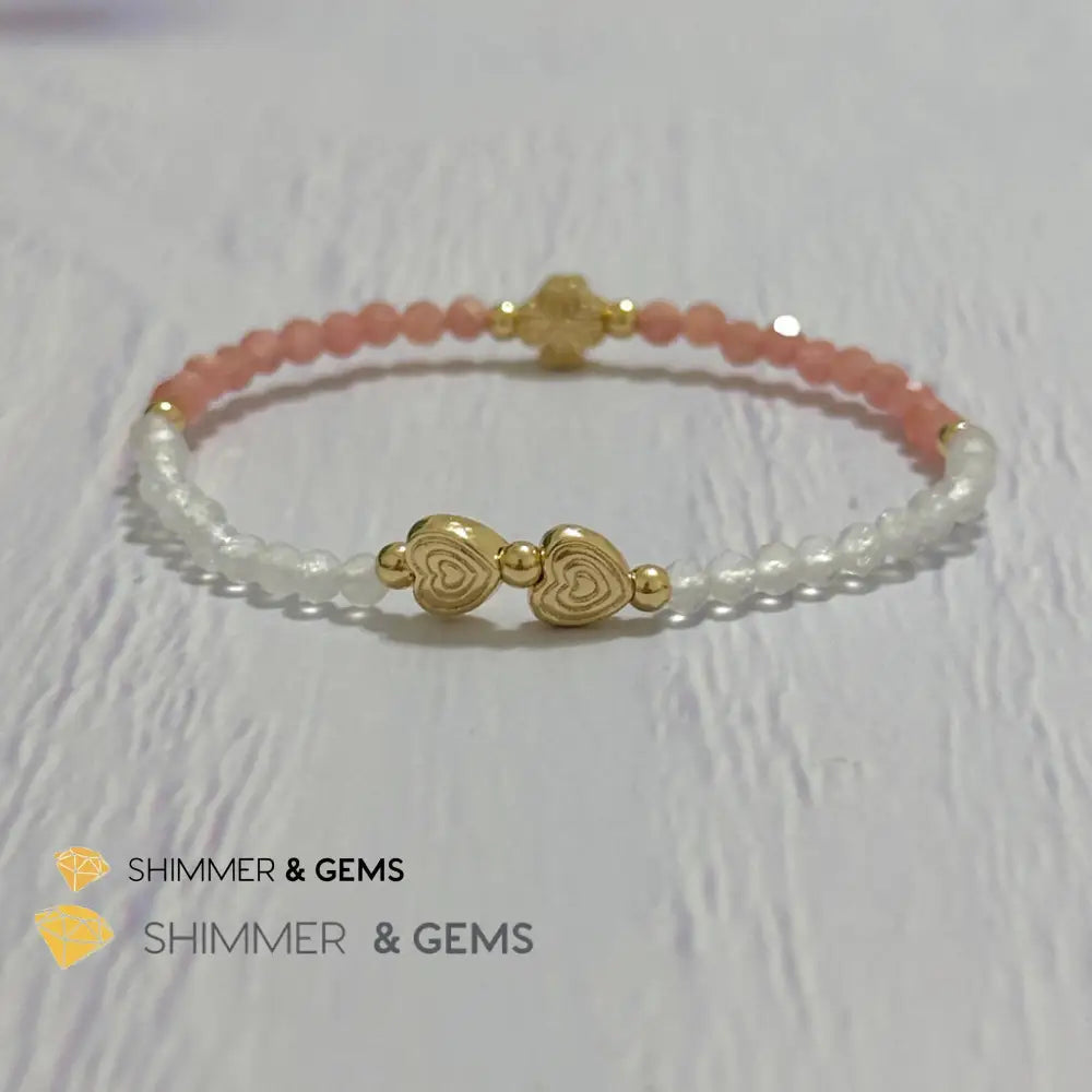 Self Love Lucky Bracelet (Moonstone & Rhodochrosite 4mm Faceted with 14k Gold Plated Ingot & Clover Charms)