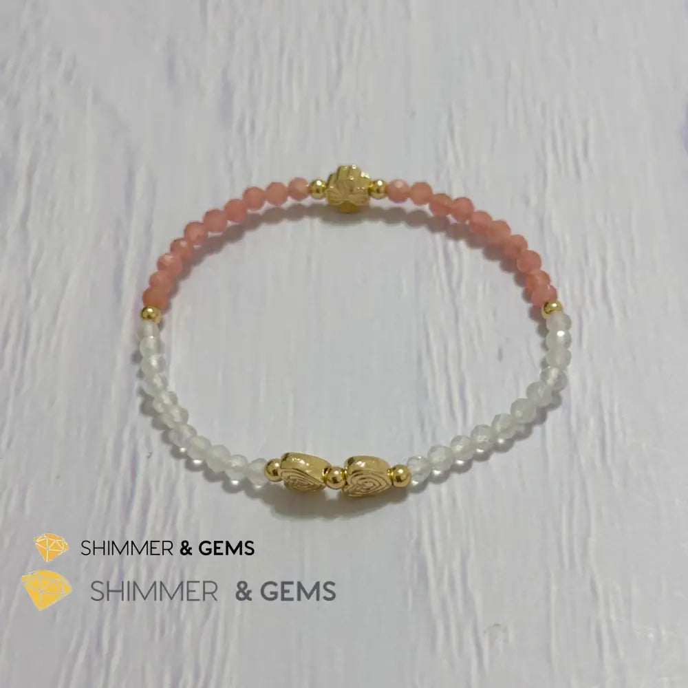Self Love Lucky Bracelet (Moonstone & Rhodochrosite 4mm Faceted with 14k Gold Plated Ingot & Clover Charms)