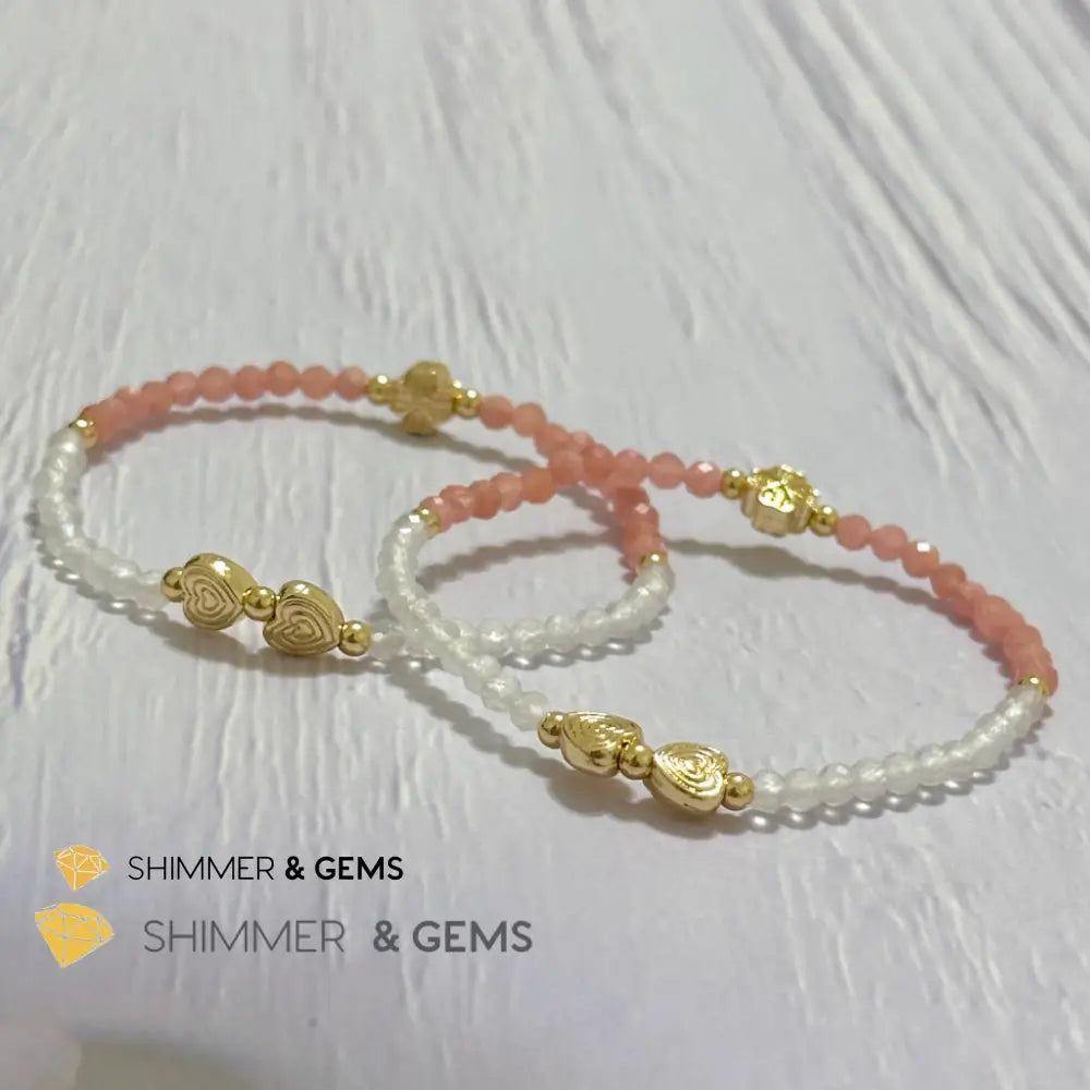 Self Love Lucky Bracelet (Moonstone & Rhodochrosite 4mm Faceted with 14k Gold Plated Ingot & Clover Charms)