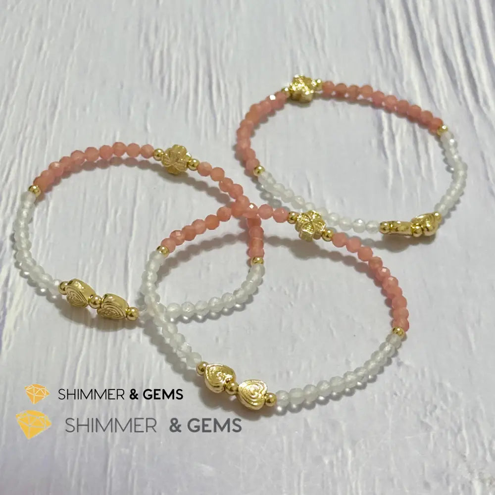 Self Love Lucky Bracelet (Moonstone & Rhodochrosite 4mm Faceted with 14k Gold Plated Ingot & Clover Charms)