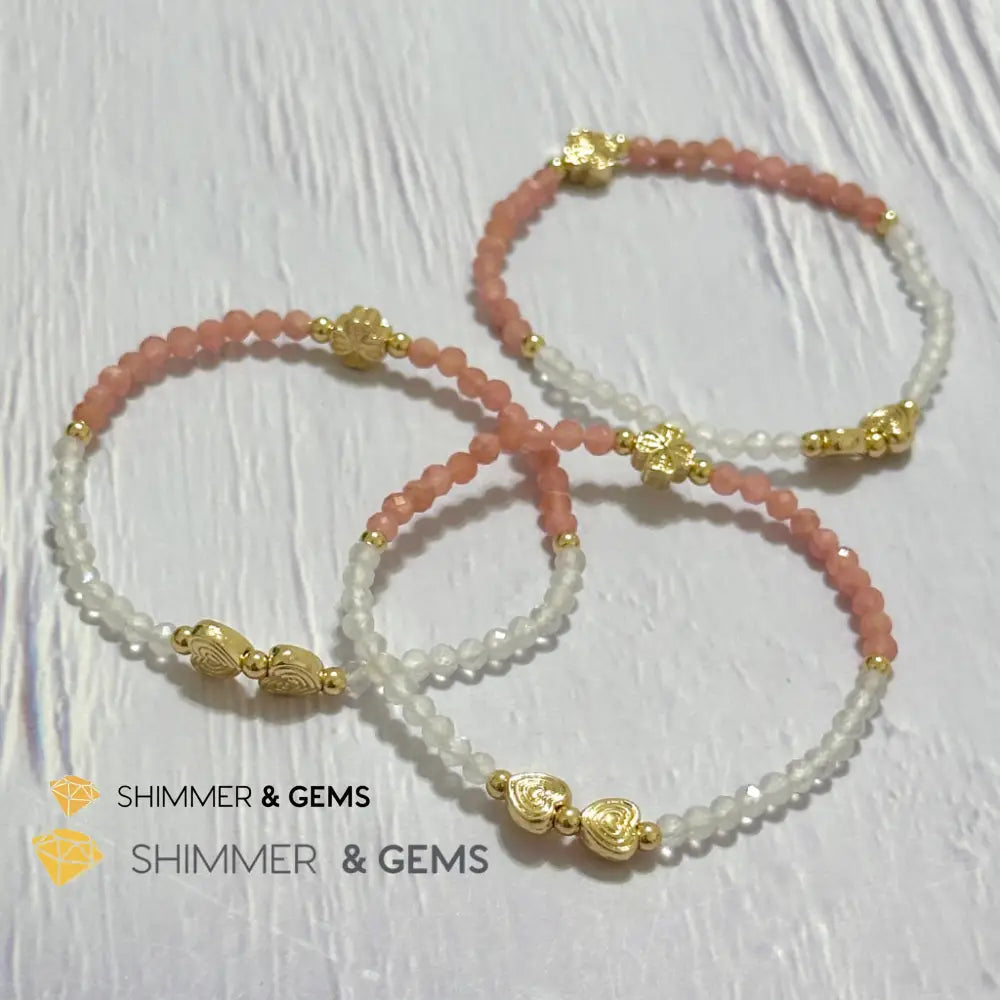 Self Love Lucky Bracelet (Moonstone & Rhodochrosite 4mm Faceted with 14k Gold Plated Ingot & Clover Charms)