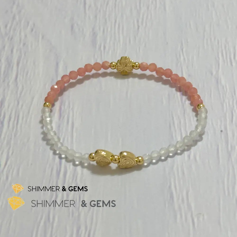 Self Love Lucky Bracelet (Moonstone & Rhodochrosite 4mm Faceted with 14k Gold Plated Ingot & Clover Charms)